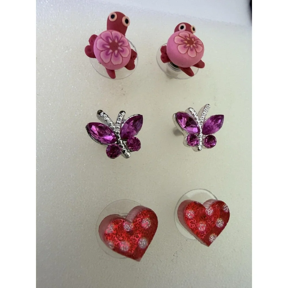 Butterfly Turtle Heart Stud Earrings Set Kids Multicolor Pink Red Purple Cute